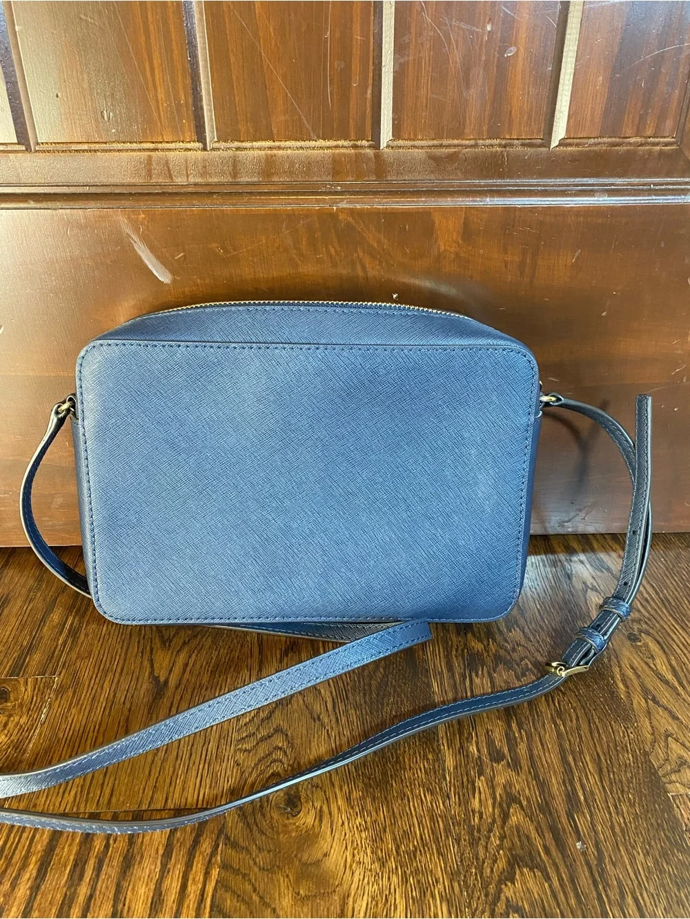 Michael Kors Sandrine Gold Studded MK EW Crossbody Bag Navy Saffiano Leather